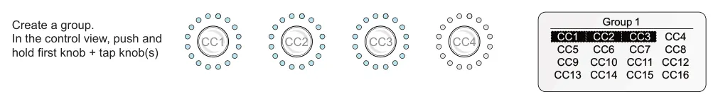 2.15 Groups diagram: Group 1 CC1 CC2 CC3 CC4 Create a group. In the control view, push and hold first knob + tap knob(s) CC4 CC3 CC2 CC1 CC9 CC10 CC11 CC12 CC5 CC6 CC7 CC8 CC13 CC14 CC15 CC16