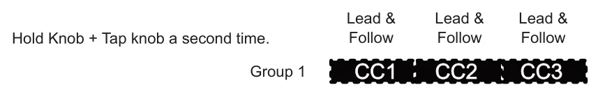 Group Operating Behaviour diagram: Lead & Lead & Lead & Follow Follow Follow Hold Knob + Tap knob a second time. Group 1