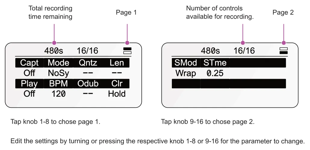 3.2 Looper Setup Menus diagram: Page 1 Page 2 Number of controls available for recording. Total recording time remaining Tap knob 1-8 to chose page 1. Tap knob 9-16 to chose page 2. Edit the settings by turning or pressing the respective knob 1-8...