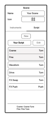 6.2 Scripts in the App diagram: Scene Name Your Scene Icon Instruments Script New Your Script Edit Coarse Turn Fine Turn Waveform Turn Drive Turn FX Swap Turn FX Push Push Coarse: Coarse Tune Fine: Fine Tune