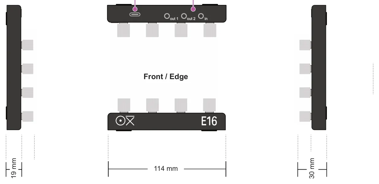 Rear / Edge Left / Side Right / Side diagram: 19 mm 30 mm 114 mm