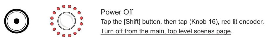 1.4 Powering Up diagram: Power Off Tap the [Shift] button, then tap (Knob 16), red lit encoder. Turn off from the main, top level scenes page.