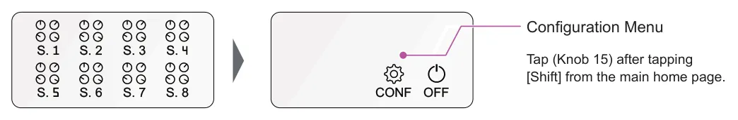 Global Configuration diagram: Configuration Menu S. 1 S. 2 S. 3 S. 4 Tap (Knob 15) after tapping [Shift] from the main home page. OFF CONF S. 6 S. 7 S. 8 S. 5