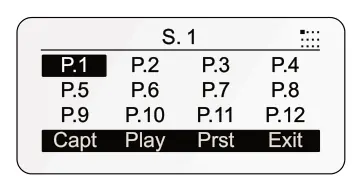 Alt Menu diagram: S. 1 P.1 P.2 P.3 P.4 P.9 P.10 P.11 P.12 P.5 P.6 P.7 P.8 Capt Play Prst Exit
