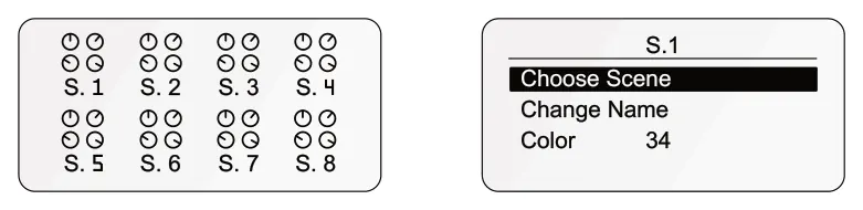 Scene Slot Configuration Menu diagram: S.1 Choose Scene Color 34 Change Name S. 1 S. 2 S. 3 S. 4 S. 6 S. 7 S. 8 S. 5