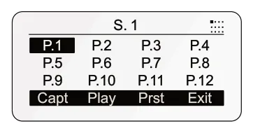 Configuring the Alt Menu diagram: S. 1 P.1 P.2 P.3 P.4 P.9 P.10 P.11 P.12 P.5 P.6 P.7 P.8 Capt Play Prst Exit
