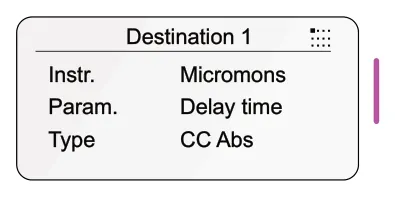 5.2 Instrument Definitions diagram: Destination 1 Instr. Param. Type Micromons Delay time CC Abs