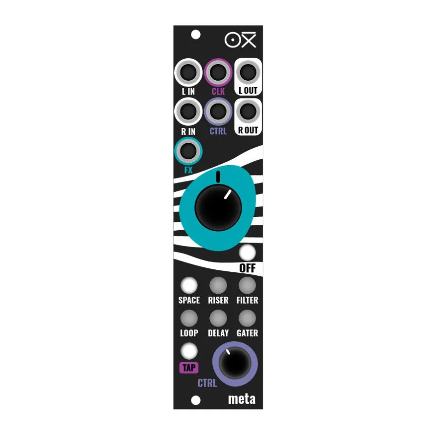 OXI Meta panel interface diagram: audio and CV jacks, FX knob, OFF and scene buttons, TAP tempo button and CTRL knob