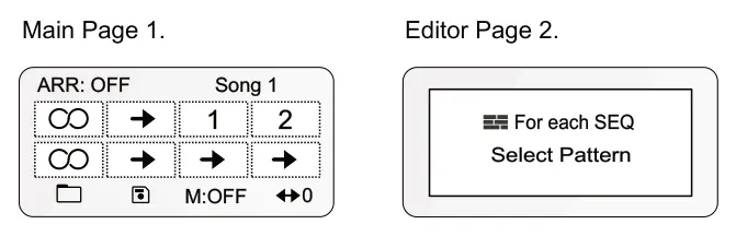 Global Arranger Pages diagram: Main Page 1. Editor Page 2. ARR: OFF Song 1 1 2 For each SEQ Select Pattern M:OFF 0