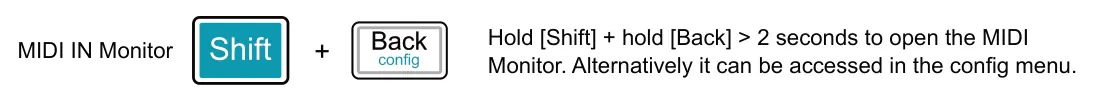 9.11 MIDI Input Monitor diagram: Hold [Shift] + hold [Back] > 2 seconds to open the MIDI Monitor. Alternatively it can be accessed in the config menu. MIDI IN Monitor +