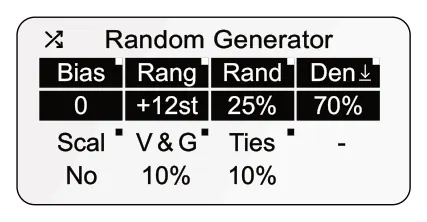 Random Pattern Generator diagram: Random Generator Bias Rand Rang Den V & G - 0 +12st 25% 70% Scal Ties No 10% 10%