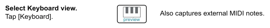 MIDI Capture diagram: Select Keyboard view. Tap [Keyboard]. Also captures external MIDI notes.