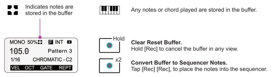 MIDI Capture diagram: Indicates notes are stored in the buffer Any notes or chord played are stored in the buffer. Hold 50% INT F Clear Reset Buffer. Hold [Rec] to cancel the buffer in any view. Pattern 3 x2 1/16 CHROMATIC - C2 Convert...