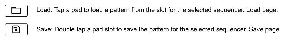 Opening a Pattern in the Current Project diagram: Load: Tap a pad to load a pattern from the slot for the selected sequencer. Load page. Save: Double tap a pad slot to save the pattern for the selected sequencer. Save page.