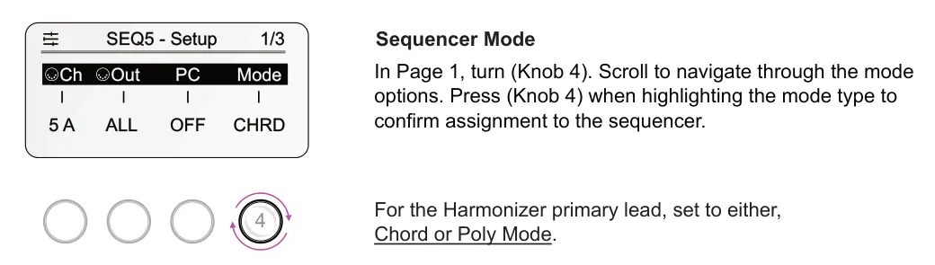 Sequencer - Primary Leader diagram: Sequencer Mode SEQ5 - Setup 1/3 In Page 1, turn (Knob 4). Scroll to navigate through the mode options. Press (Knob 4) when highlighting the mode type to confirm assignment to the sequencer. Ch Out PC Mode 5 A ALL OFF...