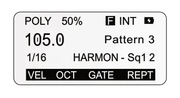 Sequencer - Secondary Follower diagram: 50% INT F Pattern 3 1/16 HARMON - Sq1 2 VEL GATE OCT REPT