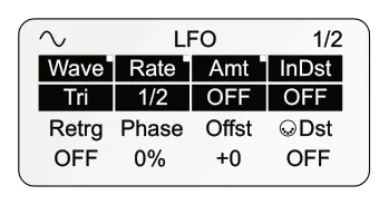 7.10 Quick Assign diagram: 1/2 LFO Wave Amt OFF Retrg Rate InDst Tri OFF Phase 1/2 Offst Dst OFF OFF 0% +0