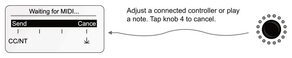 7.10 Quick Assign diagram: Adjust a connected controller or play a note. Tap knob 4 to cancel. Waiting for MIDI... Send Cance CC/NT