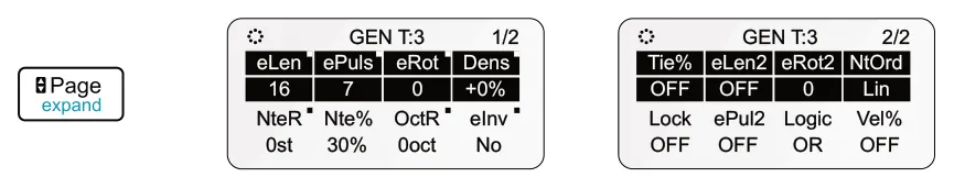 Euclidean Style Generator diagram: GEN T:3 eLen eRot 1/2 GEN T:3 Tie% eRot2 2/2 ePuls Dens eLen2 NtOrd Nte% eInv 16 7 0 +0% ePul2 Vel% OFF 0 OFF Lin Lock Logic NteR OctR OFF OR OFF OFF 0st 30% 0oct No