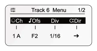 Track Menu Options diagram: 1/2 Track 6 Menu Ch Ofs Div Dir 1 A F2 1/16