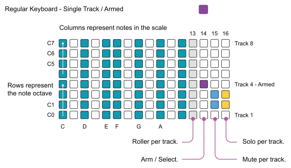 Drum View diagram: Regular Keyboard - Single Track / Armed Columns represent notes in the scale 13 14 15 16 C7 Track 8 C6 C5 Track 4 - Armed Rows represent the note octave C1 C0 Track 1 C E G A D F Roller per track. Solo per track. Arm...