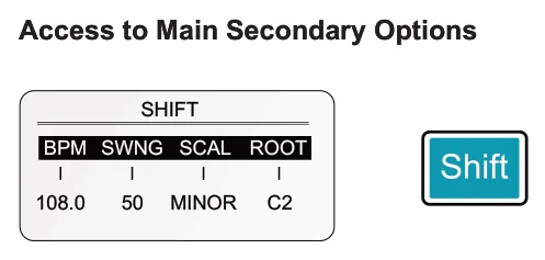 Accessing the Keyboard View diagram: Access to Main Secondary Options Access to Main Secondary Options SHIFT BPM SCAL SWNG ROOT 108.0 MINOR 50 C2