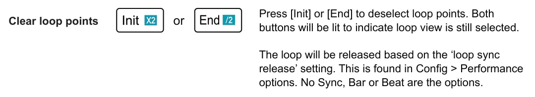 5.2 Looping Patterns diagram: Press [Init] or [End] to deselect loop points. Both buttons will be lit to indicate loop view is still selected. or Clear loop points The loop will be released based on the ‘loop sync release’ setting. This is found...