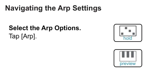 5.3 Arpeggiators diagram: Navigating the Arp Settings Select the Arp Options. Tap [Arp].