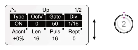 5.3 Arpeggiators diagram: Up Type Gate 1/2 OctV Div 2 Len Rept ON 0 50 1/16 Accnt Puls +0% 16 16 0