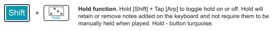 Editing &amp; Controlling the Arp diagram: Hold function. Hold [Shift] + Tap [Arp] to toggle hold on or off. Hold will retain or remove notes added on the keyboard and not require them to be manually held when played. Hold - button turquoise. +