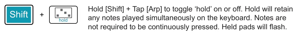 Editing &amp; Controlling Roller diagram: Hold [Shift] + Tap [Arp] to toggle ‘hold’ on or off. Hold will retain any notes played simultaneously on the keyboard. Notes are not required to be continuously pressed. Held pads will flash. +