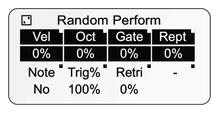 Random Perform diagram: Random Perform Vel Gate Oct Rept Trig% - 0% 0% 0% 0% Note Retri No 100% 0%