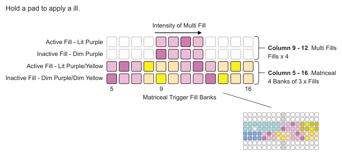 Fills diagram: Hold a pad to apply a ill. Intensity of Multi Fill Active Fill - Lit Purple Column 9 - 12. Multi Fills Fills x 4 Inactive Fill - Dim Purple Active Fill - Lit Purple/Yellow 4 Banks of 3 x Fills Column 5 - 16....