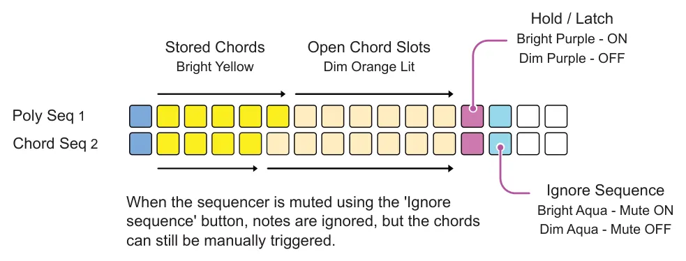 Loops diagram: Hold / Latch Bright Purple - ON Stored Chords Open Chord Slots Dim Purple - OFF Bright Yellow Dim Orange Lit Poly Seq 1 Chord Seq 2 Ignore Sequence Bright Aqua - Mute ON When the sequencer is muted using the 'Ignore...