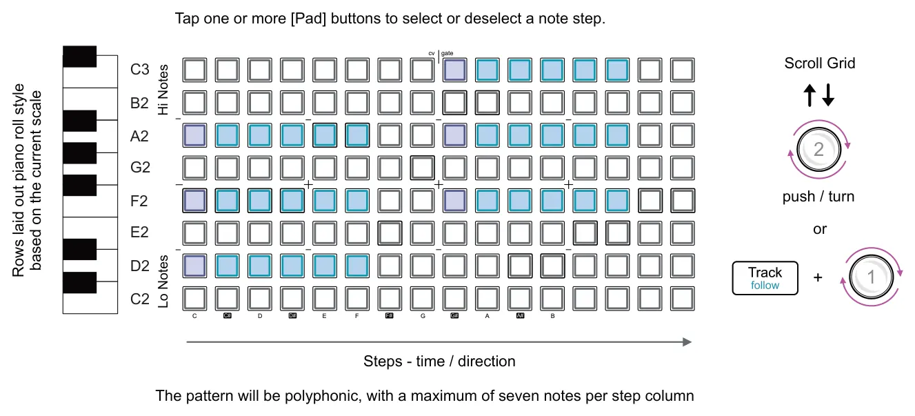 Viewing &amp; Editing a Poly Sequencer diagram: Tap one or more [Pad] buttons to select or deselect a note step. cv gate Scroll Grid C3 Hi Notes Lo Notes Rows laid out piano roll style based on the current scale B2 A2 2 G2 push / turn F2 or E2 D2 1 + A B C2 C C#...