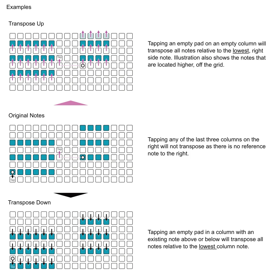 Transposing Poly Notes &amp; Chords diagram: Examples Transpose Up Tapping an empty pad on an empty column will transpose all notes relative to the lowest, right side note. Illustration also shows the notes that are located higher, off the grid. Tap Original...