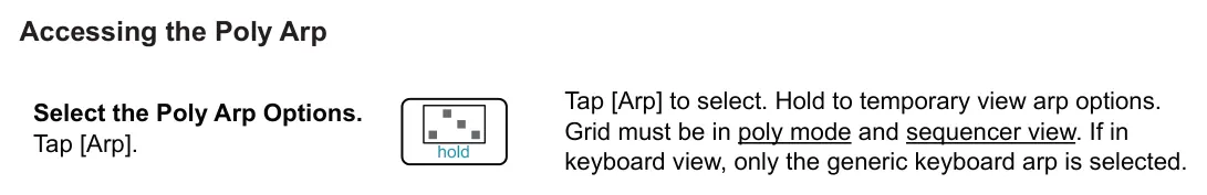 Poly Arpeggiator diagram: Accessing the Poly Arp Tap [Arp] to select. Hold to temporary view arp options. Grid must be in poly mode and sequencer view. If in keyboard view, only the generic keyboard arp is selected. Select the Poly Arp...