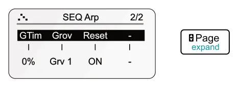 Poly Arpeggiator diagram: SEQ Arp 2/2 GTim Grov Reset - 0% Grv 1 ON -