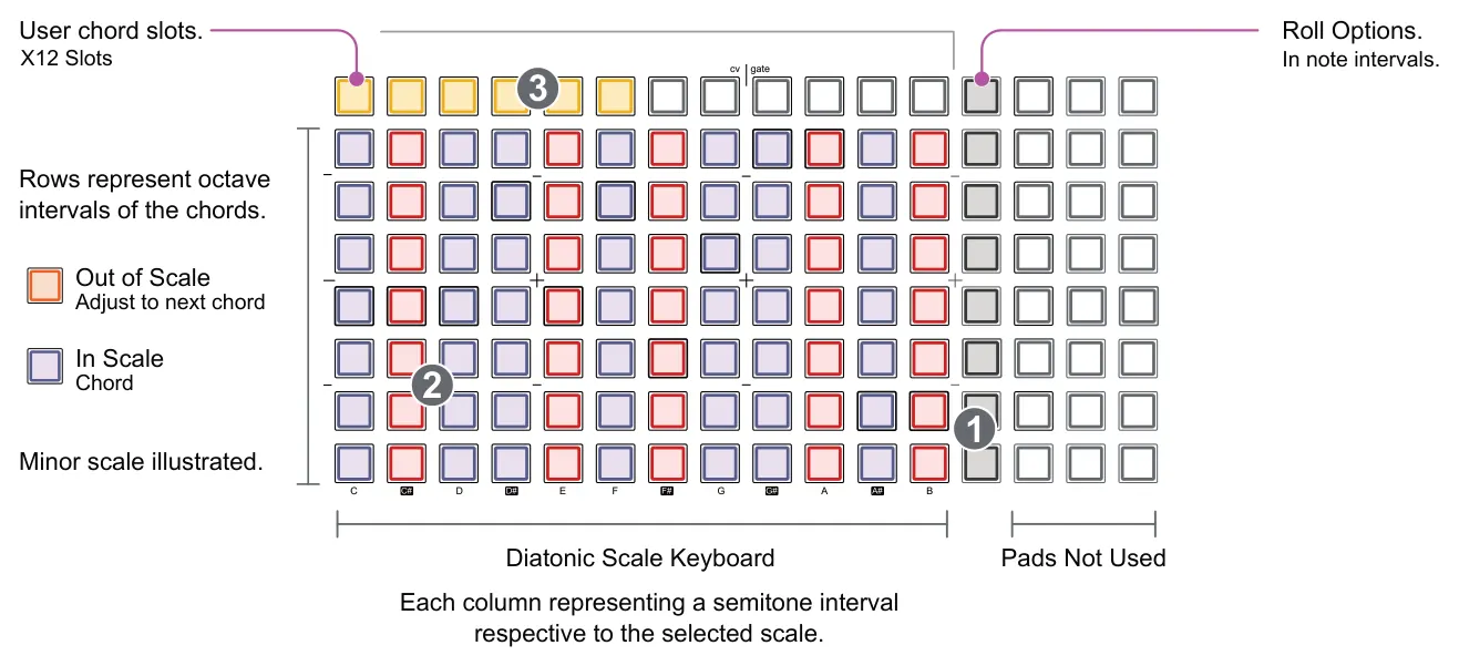 Keyboard View diagram: In note intervals. Roll Options. User chord slots. X12 Slots cv gate 3 Rows represent octave intervals of the chords. Out of Scale Adjust to next chord In Scale Chord 2 1 Minor scale illustrated. C C# F# D# G# A# E D...