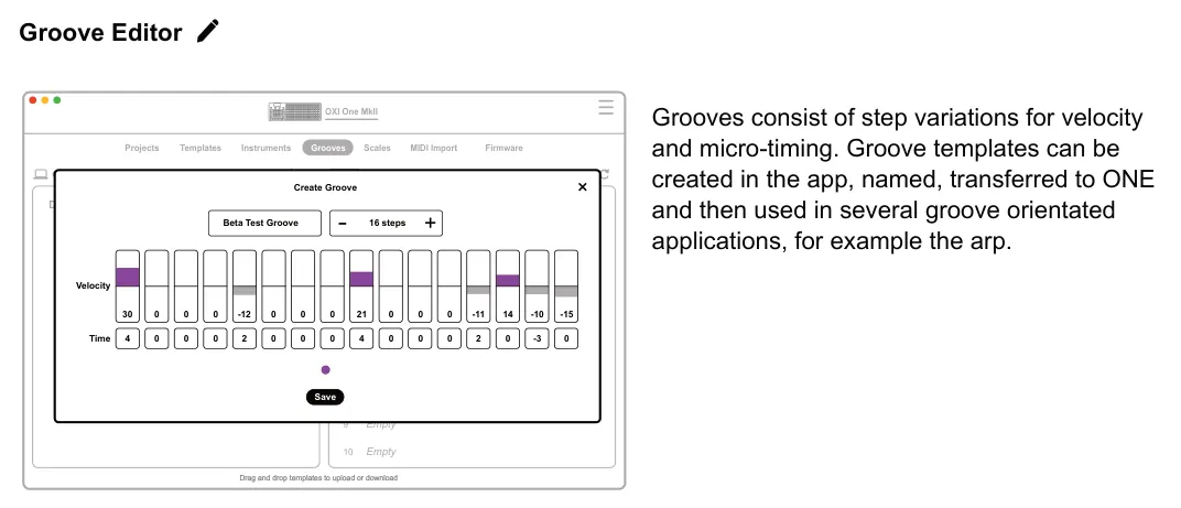 MIDI Import diagram: Groove Editor Grooves consist of step variations for velocity and micro-timing. Groove templates can be created in the app, named, transferred to ONE and then used in several groove orientated applications, for...