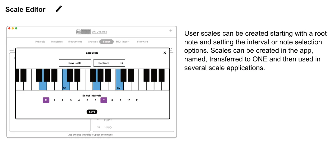 MIDI Import diagram: Scale Editor + User scales can be created starting with a root note and setting the interval or note selection options. Scales can be created in the app, named, transferred to ONE and then used in several scale...