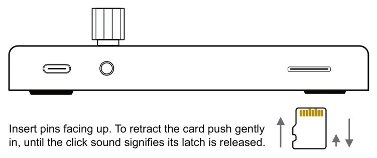 10.2 SD Card diagram: Insert pins facing up. To retract the card push gently in, until the click sound signifies its latch is released.