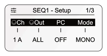 Expressive Mono Sequencer Phrase diagram: SEQ1 - Setup 1/3 Ch Out PC Mode 1 A ALL OFF MONO