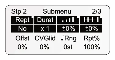 Building a Chord Pattern diagram: 2/3 Stp 2 Submenu Rept Durat 0% +- +- CVGlid Rpt% No x 1 0% Offst Rng 0% 0% 0st 100%