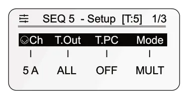 Building a Drum Pattern diagram: SEQ 5 - Setup [T:5] 1/3 Ch T.Out T.PC Mode 5 A ALL OFF MULT