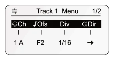 Building a Drum Pattern diagram: 1/2 Track 1 Menu Ch Ofs Div Dir 1 A F2 1/16